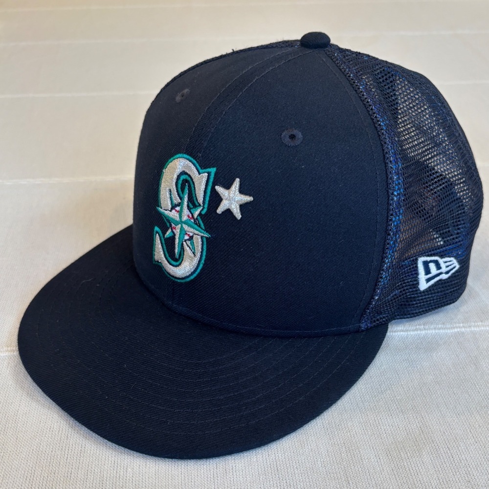 New Era Seattle Mariners Hat Mens 7 5/8 Navy Blue Mesh Fitted Tropical Palm MLB